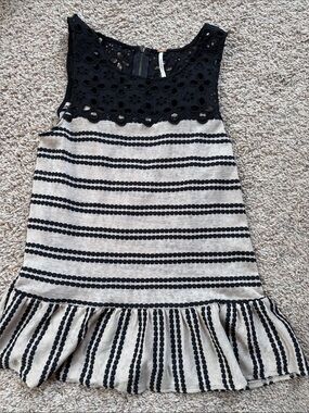 Free People Boho Striped Peplum Tank Top Black Beige Eyelet Lace Detail Back Zip